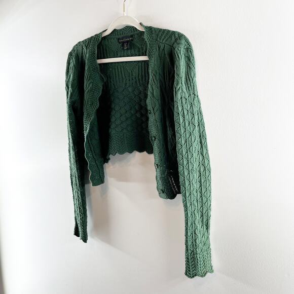 House of Harlow Long Sleeve Cropped Scalloped Cardigan Sweater Green Small - Picture 5 of 6